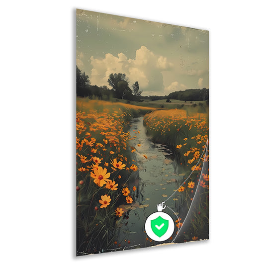 Gouden bloemen langs meanderende rivier poster