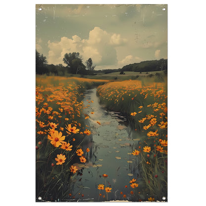 Gouden bloemen langs meanderende rivier tuinposter