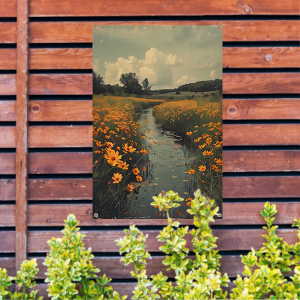 Gouden bloemen langs meanderende rivier tuinposter
