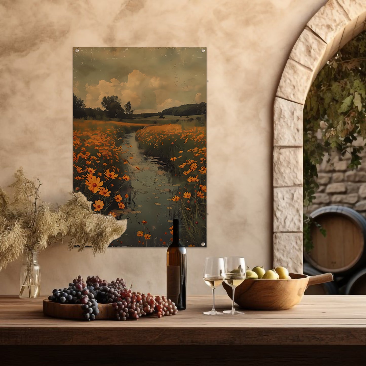 Gouden bloemen langs meanderende rivier tuinposter