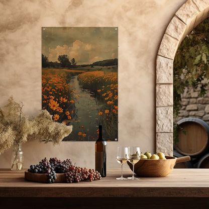 Gouden bloemen langs meanderende rivier tuinposter