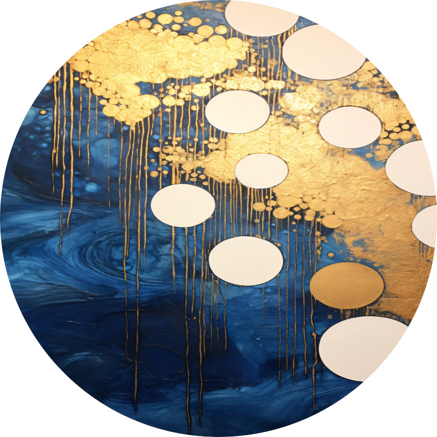 Blauw en Goud Vloeiende Cirkels aluminium muurcirkel