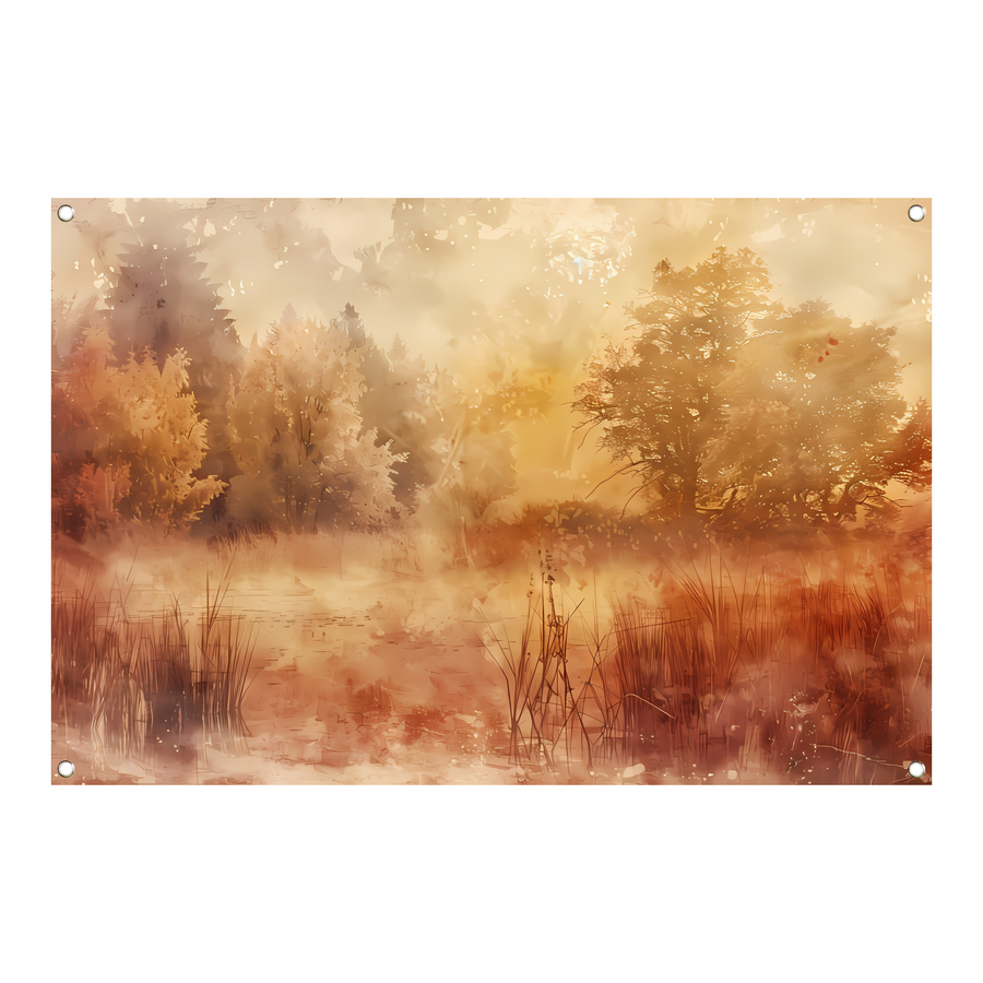 Nevelig sepia boslandschap in herfstsfeer tuinposter