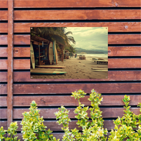 Surfshop rust aan het strand tuinposter