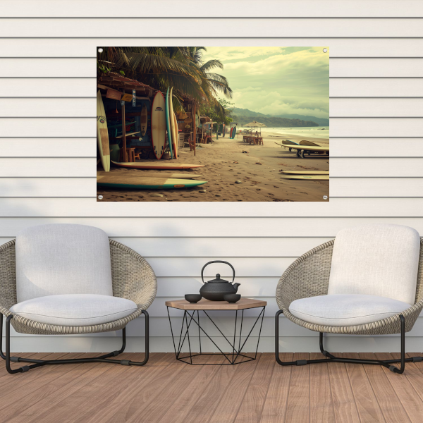 Surfshop rust aan het strand tuinposter