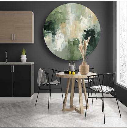 Samenspel van Groen, Grijs en Beige aluminium muurcirkel