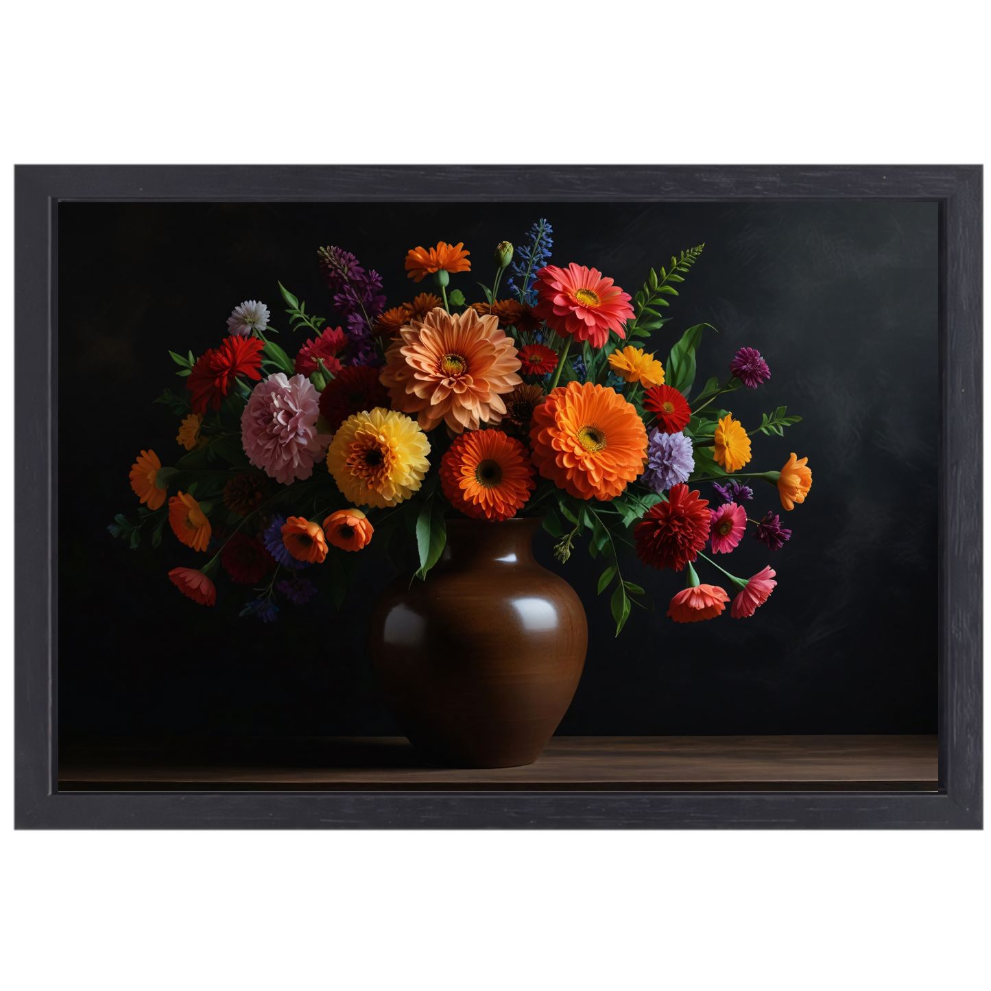 Bruine vaas met kleurrijke bloemenpracht canvas met baklijst