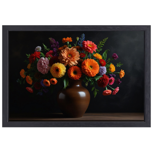 Bruine vaas met kleurrijke bloemenpracht canvas met baklijst