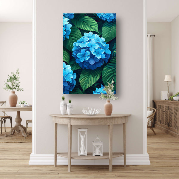 Digitale kunstprint van blauwe bloemen canvas met baklijst