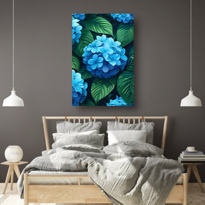 Digitale kunstprint van blauwe bloemen canvas met baklijst