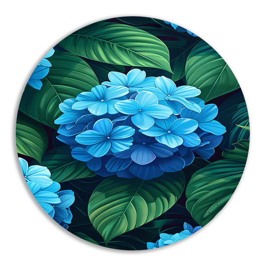 Digitale kunstprint van blauwe bloemen aluminium muurcirkel