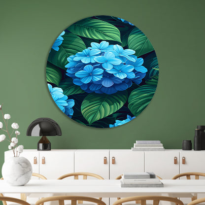 Digitale kunstprint van blauwe bloemen aluminium muurcirkel