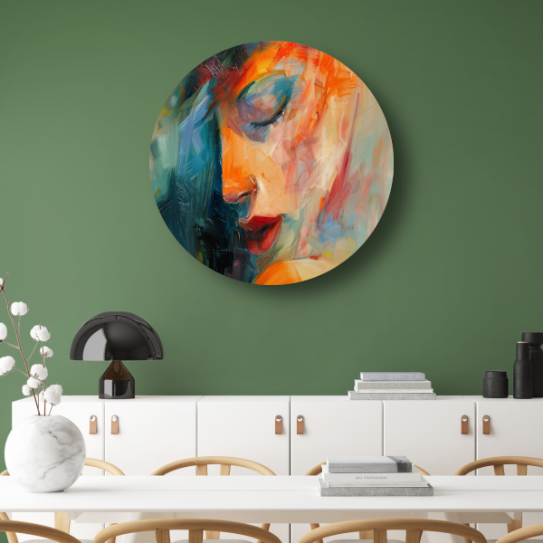 Vrouwelijke Essentie in Expressieve Kleuren aluminium muurcirkel
