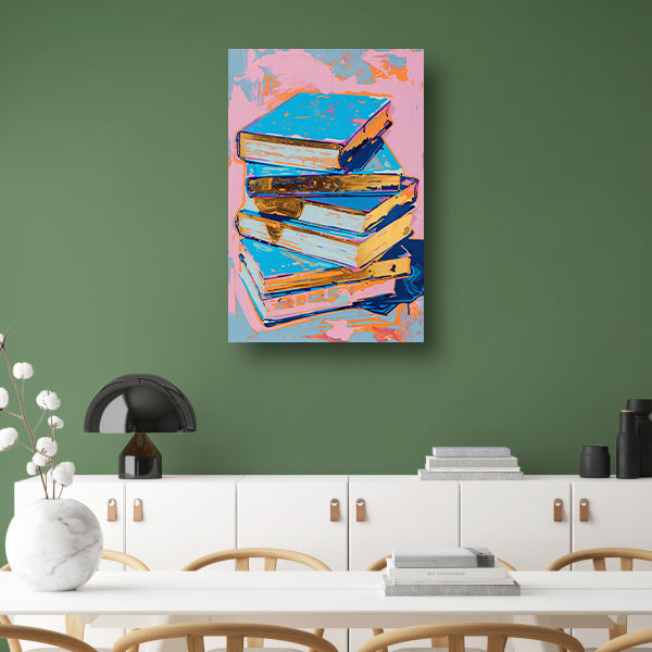 Kleurrijk popart schilderij van stapel boeken poster