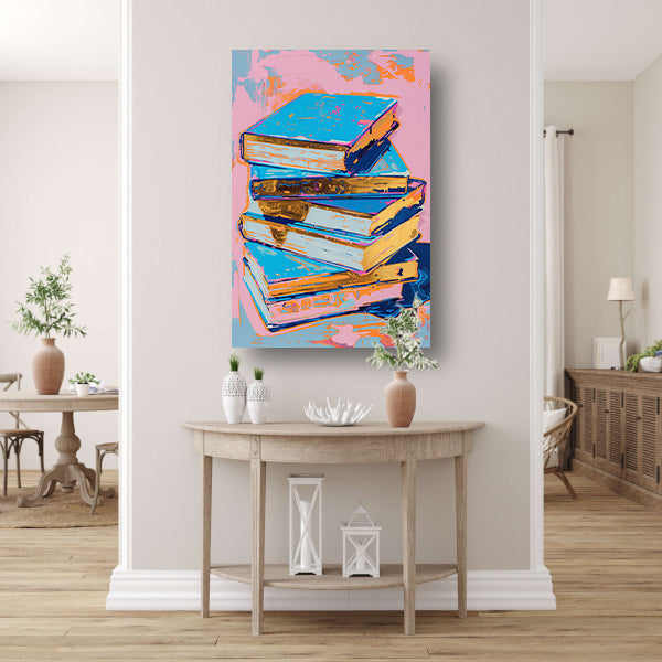 Kleurrijk popart schilderij van stapel boeken poster