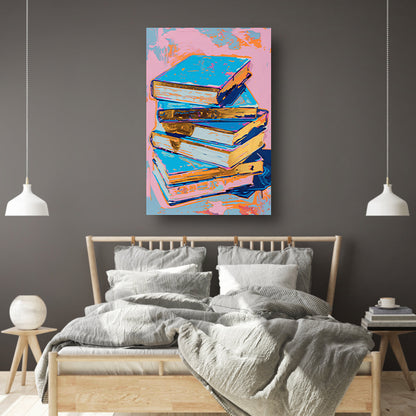 Kleurrijk popart schilderij van stapel boeken poster