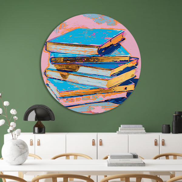 Kleurrijk popart schilderij van stapel boeken aluminium muurcirkel