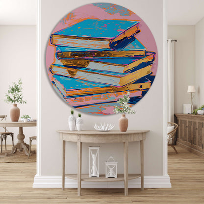 Kleurrijk popart schilderij van stapel boeken aluminium muurcirkel