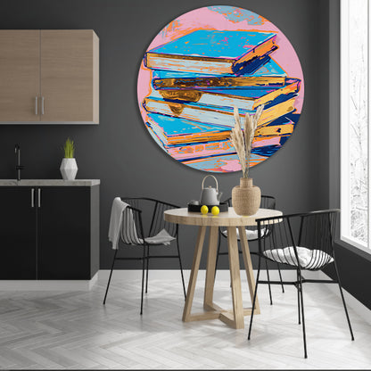 Kleurrijk popart schilderij van stapel boeken aluminium muurcirkel