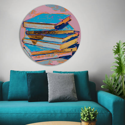 Kleurrijk popart schilderij van stapel boeken aluminium muurcirkel