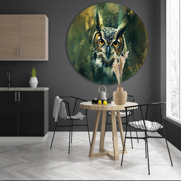 Mysterieuze uil portret in rustieke kleuren forex muurcirkel