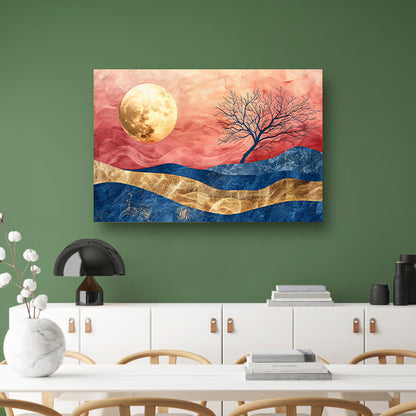 Abstracte boom met maan en kleurrijke hemel canvas met baklijst