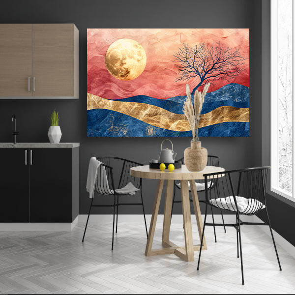 Abstracte boom met maan en kleurrijke hemel poster