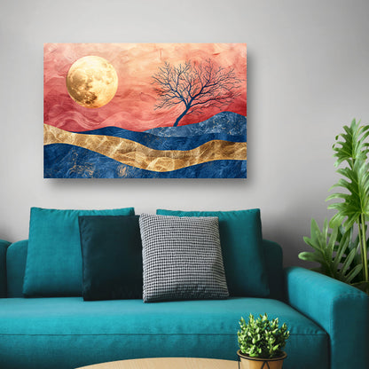 Abstracte boom met maan en kleurrijke hemel canvas met baklijst