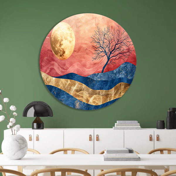 Abstracte boom met maan en kleurrijke hemel aluminium muurcirkel