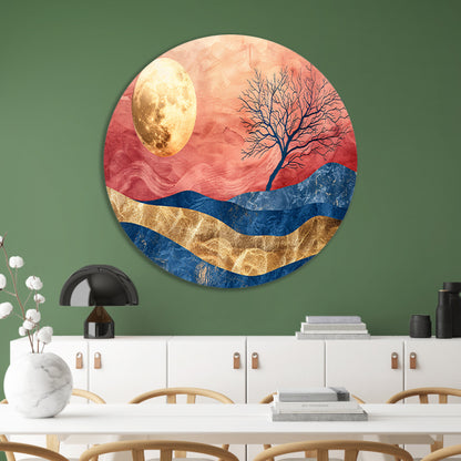 Abstracte boom met maan en kleurrijke hemel aluminium muurcirkel
