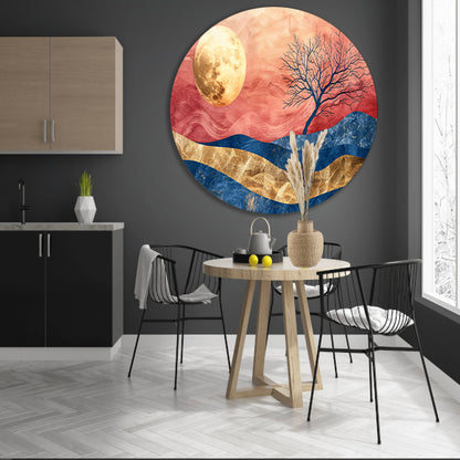 Abstracte boom met maan en kleurrijke hemel aluminium muurcirkel