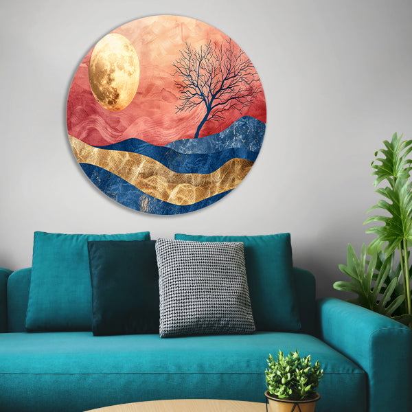 Abstracte boom met maan en kleurrijke hemel aluminium muurcirkel