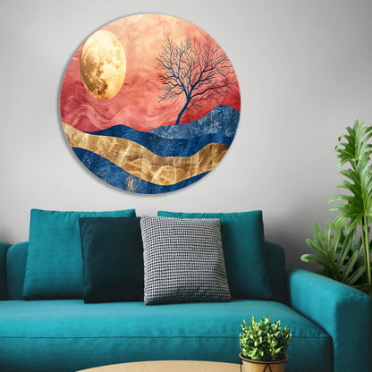 Abstracte boom met maan en kleurrijke hemel aluminium muurcirkel
