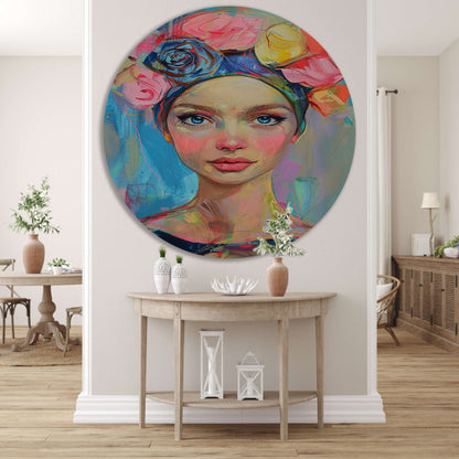Kleurrijk portret van vrouw met bloemen forex muurcirkel
