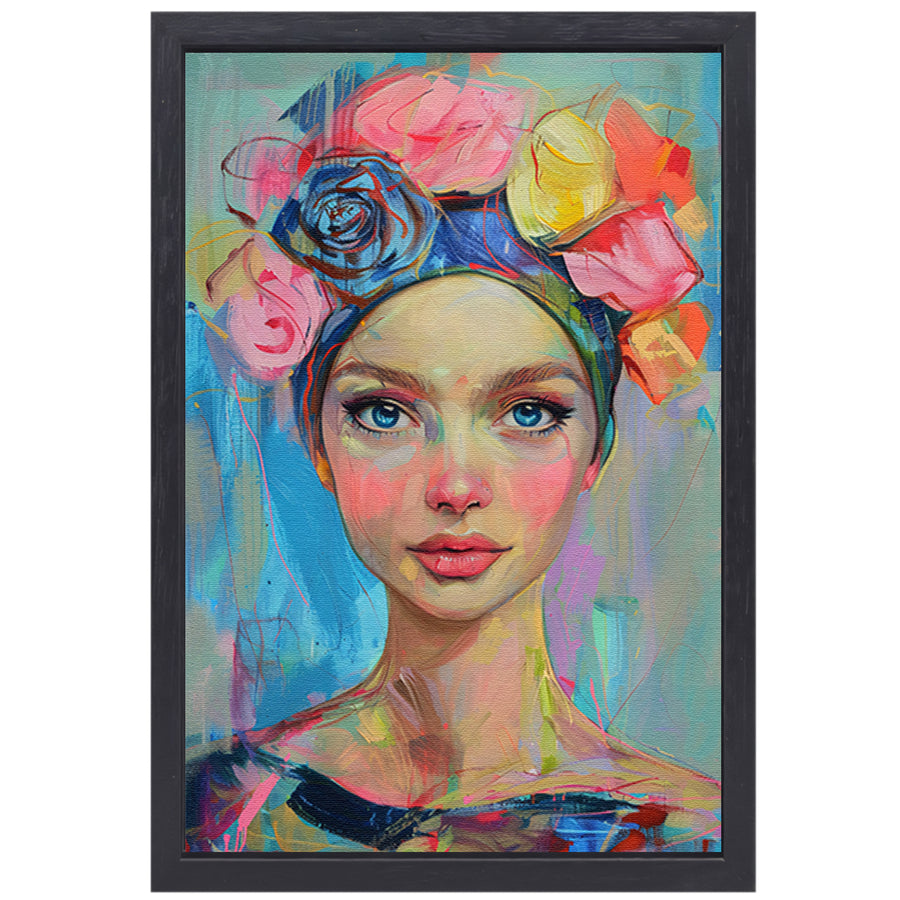 Kleurrijk portret van vrouw met bloemen canvas met baklijst