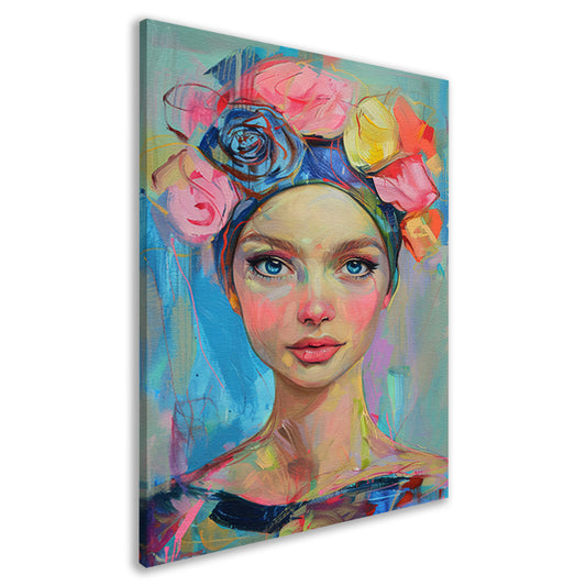 Kleurrijk portret van vrouw met bloemen canvas