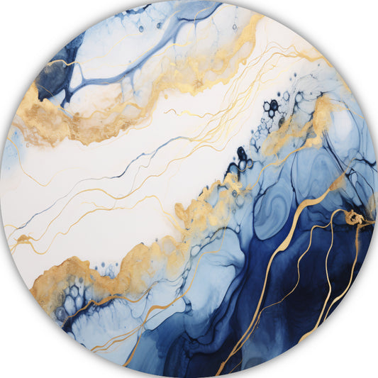 Blauw-witte abstracte compositie aluminium muurcirkel