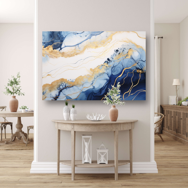 Blauw-witte abstracte compositie canvas met baklijst