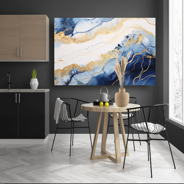 Blauw-witte abstracte compositie canvas met baklijst
