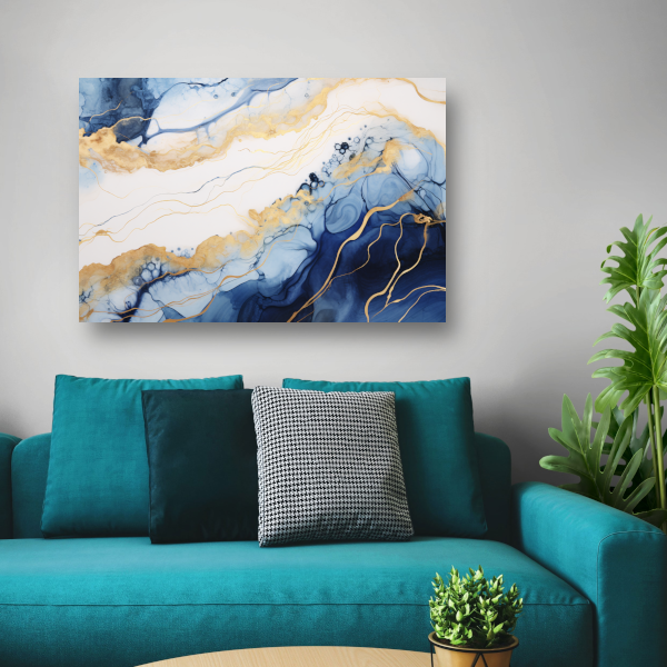 Blauw-witte abstracte compositie canvas met baklijst