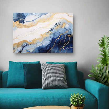 Blauw-witte abstracte compositie canvas met baklijst