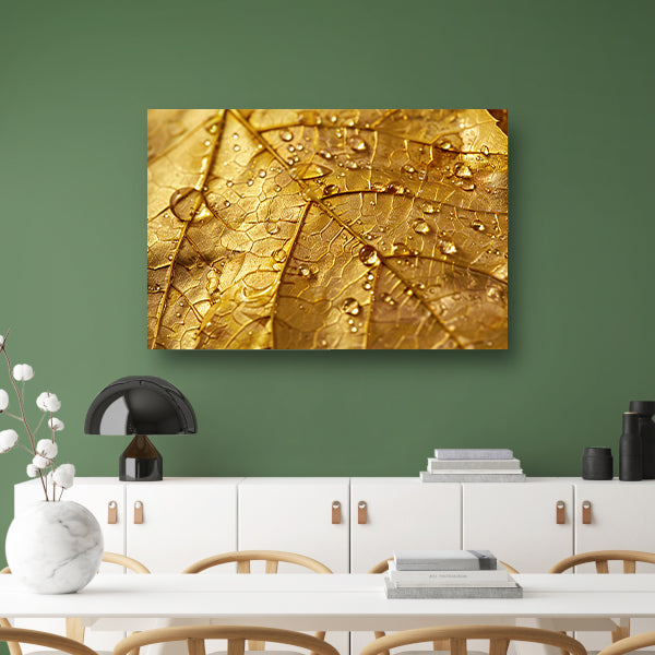 Gouden herfstblad met dauwdruppels close-up acrylglas