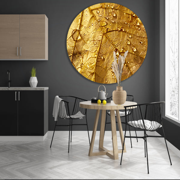 Gouden herfstblad met dauwdruppels close-up aluminium muurcirkel