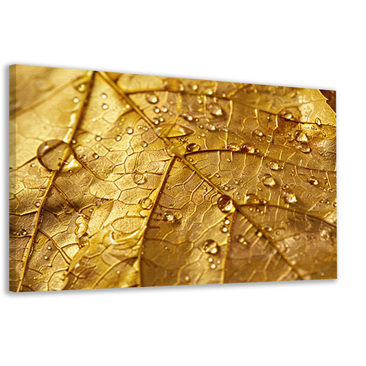 Gouden herfstblad met dauwdruppels close-up canvas