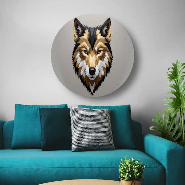 Geometrische Abstracte Wolf in Moderne Kleuren aluminium muurcirkel