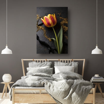 Rode en Gele Tulp met Gouden Glitters acrylglas