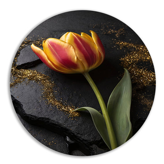 Rode en Gele Tulp met Gouden Glitters aluminium muurcirkel