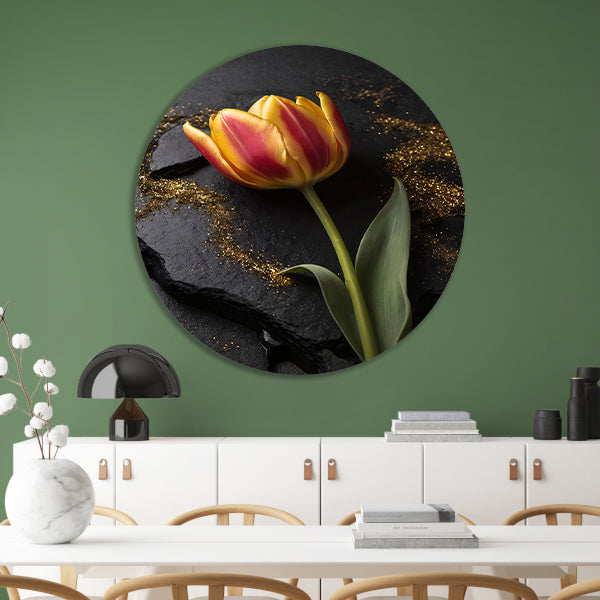 Rode en Gele Tulp met Gouden Glitters forex muurcirkel