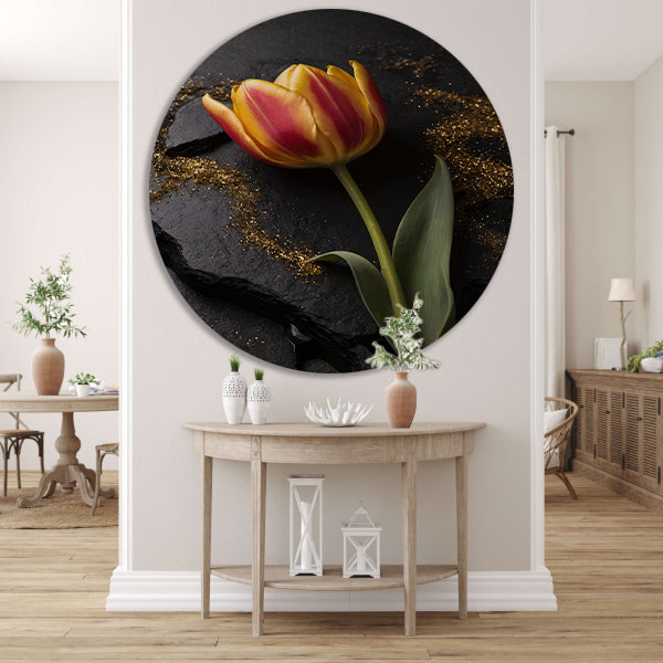 Rode en Gele Tulp met Gouden Glitters aluminium muurcirkel