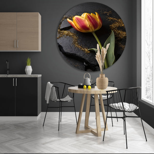 Rode en Gele Tulp met Gouden Glitters aluminium muurcirkel